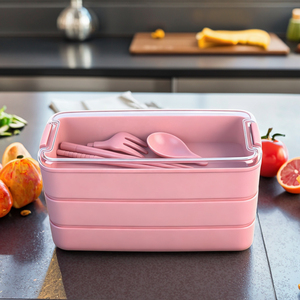 Rò Rỉ Bằng Chứng Ba Lớp Bento Hộp Kín Thiết Kế Rơm Lúa Mì Chất Liệu Với Muỗng Và Nĩa Máy Rửa Chén An Toàn Thực Phẩm Container - Product Image 1