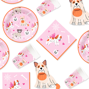 DAMAI Happy Halloween Party Supplies Pumpkin Black Cat and Cute Ghost Design Purple and Black Vibe Halloween Plates and Napkins - Product Image 2