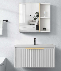 Ensemble <span class=keywords><strong>de</strong></span> <span class=keywords><strong>meuble</strong></span>-lavabo mural <span class=keywords><strong>de</strong></span> <span class=keywords><strong>salle</strong></span> <span class=keywords><strong>de</strong></span> <span class=keywords><strong>bain</strong></span> moderne <span class=keywords><strong>de</strong></span> luxe personnalisé en noir cannelé avec poignée dorée, armoire miroir et lavabo en céramique - Product Image 3