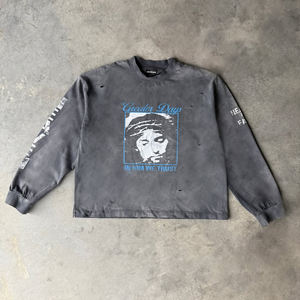 QYOURECLO, хлопковая негабаритная укороченная футболка большого размера с принтом экрана, с длинным рукавом, винтажная кислотная стирка, потертая Мужская футболка - Product Image 1