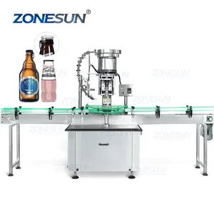 ZONESUN ZS-XG440L 싱글 헤드 자동 청량 음료 맥주 유리 병 금속 링 당겨 크라운 캡 압착 캡핑 기계