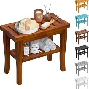 Tabouret de salle de bain double couche en teck, banc de douche en bois massif avec rangement pour adultes et enfants - Product Image 1
