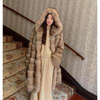 Manteau d'hiver long décontracté de luxe écologique avec capuche en fausse fourrure de zibeline, bouton unique, coupe ample, tissé, chaud et élégant
