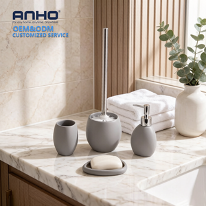 Ensemble complet de meubles de salle de bain en polyrésine <span class=keywords><strong>effet</strong></span> sable, 5 pièces, avec distributeur de savon, gobelet, porte-savon et porte-<span class=keywords><strong>brosse</strong></span> de toilette - Product Image 4