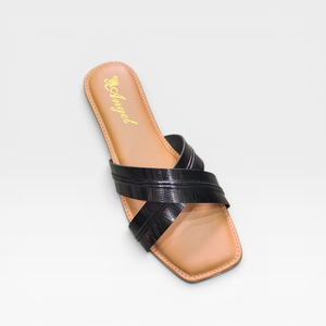 Sandales plates noires à brides croisées pour femmes, à bout ouvert, à enfiler, décontractées, confortables, pour l'été et le quotidien - Product Image 1