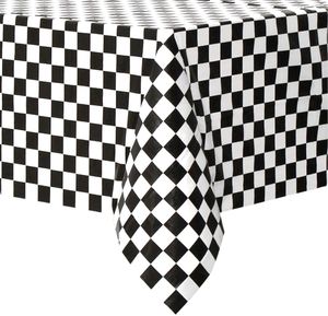 Racing Party Decoration Black Checkered <b>Tablecloth</b> 54x108 in Black White Checkered Disposable Plastic Checkered Flag Table Cover - Product Image 1