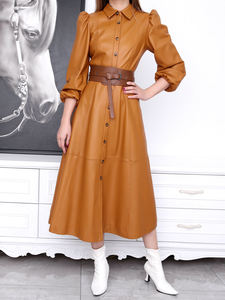 <span class=keywords><strong>Vestido</strong></span> de <span class=keywords><strong>Cuero</strong></span> Genuino de Lujo para Mujer, Estilo Camisero, con Mangas Abullonadas, Cuello Camisero, Corte Midi, Cierre de Botón Sencillo - Product Image 4