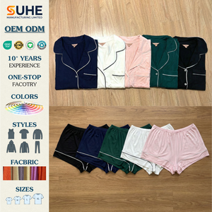 ชุดนอนผู้หญิง SUHE ผ้าเรยอนถักเนื้อนุ่ม แขนสั้น สำหรับฤดูร้อน พร้อมเชือกผูกเอว แต่งขอบด้วยผ้าปิ๊ปปิ้ง มีกระเป๋า กางเกงขาสั้น ใส่สบาย - Product Image 2