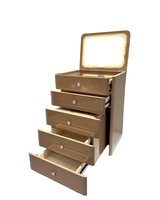 Meuble de Rangement Moderne à Miroir LED Rabattable avec 4 Tiroirs, Organisateur de Maquillage et d'Accessoires Haut de Gamme pour Salon