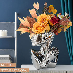 Sculpture créative espagnole blanche en céramique argent demi-visage demi-Portrait <span class=keywords><strong>Vase</strong></span> moderne Art déco Design pour fleurs - Product Image 3