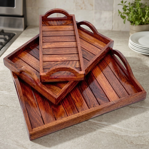Ensemble de 4 plateaux de rangement rectangulaires en bambou verni, empilables, multifonctionnels pour la cuisine, pour servir des boissons et des aliments sur la table, style minimaliste - Product Image 2