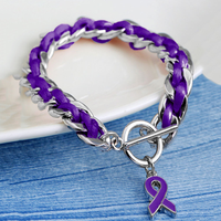 Bracelet de sensibilisation ruban violet, chaîne métallique, cordon tressé violet, fermoir à bascule, bijou de charité locale, cadeau