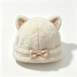 Gorro de invierno para mujer, estilo coqueta, con orejas de gato de piel sintética, lazo de satén, decoración de perlas, cálido y afelpado, para clima frío, ACE - Product Image 3