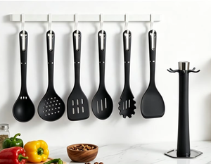 7 Pieces Food Grade <b>Silicone</b> Kitchen Utensils Black Heat Resistant Non‑Stick Cooking Tool Set with Rotating Storage Stand - Product Image 6