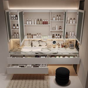 Mueble de Baño Combinado con Tocador, Gabinete Integrado, Espejo LED Inteligente, Lavabo de Cerámica Impermeable <span class=keywords><strong>IPX4</strong></span>, Sala de Maquillaje - Product Image 5