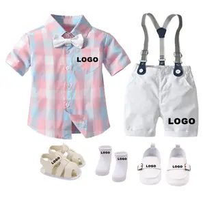 Summer Kids Boy Overalls Clothes Sets Short Sleeve Baby Plaid Shirt 3 Pieces With Tie Gentlemen Clothing Suit Custom Logo