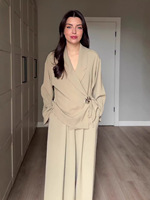 Setelan Pakaian Wanita Baru Sederhana V-Neck Lengan Panjang Kancing Logam Kasual Longgar Anti Kusut Jaket dengan Celana