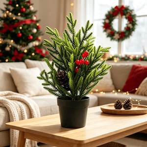 Plante artificielle en pot avec baies rouges et cônes de pin - Matériau plastique, utilisation intérieure, ornement de bureau de Noël, verdure artificielle - Product Image 4