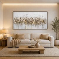 Peinture à l'huile murale florale texturée peinte à la main, fleurs sauvages abstraites avec accents dorés, fond clair