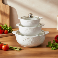 Ensemble de trois casseroles à soupe en céramique texturée blanc pur avec couvercles en verre, compatibles lave-vaisselle, résistantes à la chaleur, grande capacité, style américain