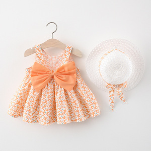 Robe à bretelles pour filles avec grand nœud et motif floral, style chapeau de paille, collection été 2021, chapeau offert - Product Image 3