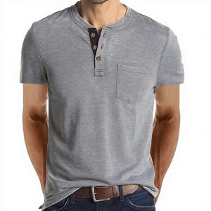 T-shirt <span class=keywords><strong>Henry</strong></span> à manches courtes pour homme, été 2024, style européen et américain, en coton mélangé, uni, vintage, coupe ajustée, respirant - Product Image 1