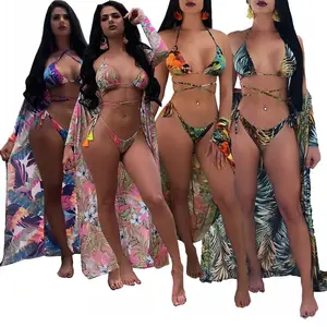 3 adet Bikini seti Bohemian baskılı uzun hırka tunik kadınlar için tatil plaj kıyafeti seksi mayo mayo Cover Up B1579