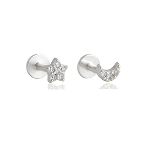 Anting-anting stud mini baru grosir, perak sterling S925, bagian belakang datar, setting pave zircon, motif bulan dan bintang - Product Image 6