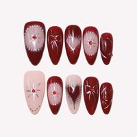 Faux ongles à presser personnalisables en acrylique, forme amande, motif Cœur, Étoile, Nœud, Ligne Argentée Bourgogne, 10 pièces, pour rendez-vous et soirées, vente en gros