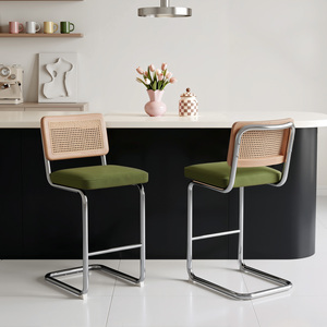 Taburete de Bar Moderno con Respaldo de Ratán, Estructura de Acero Suspendida en Cantilever, Asiento Acolchado para Isla de Cocina, Hogar, Bistro - Product Image 1