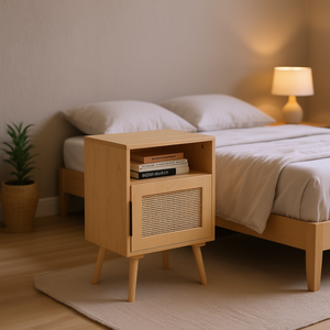 Mesita de Noche de Ratán con Puerta y Estante Abierto, Patas de Madera Maciza, Mueble Moderno para Dormitorio, Diseño de Mediados de Siglo, Mesa Auxiliar para Espacios Pequeños - Product Image 2