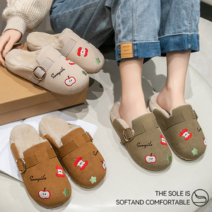 Chaussons personnalisés pour femmes, style <span class=keywords><strong>sabots</strong></span> à plateforme, en daim, broderie pomme, semelle épaisse, pour automne-hiver, vente en gros - Product Image 6