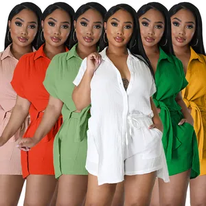 Summer Women Clothing Ladies Lounge Wear Cotton and Linen Solid Color Short Sleeve Shirt Casual Shorts 2 Piece Women s Sets