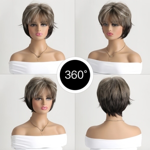 Peluca Sintética de Cabello Corto con <span class=keywords><strong>Flequillo</strong></span> Esponjoso para Mujer, Resistente al Calor, Cabello Liso Natural en Capas, Pelucas Diarias - Product Image 6