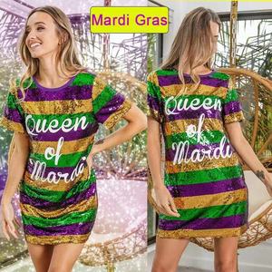 Kadınlar kraliçe Mardi Mardi pullu elbise Mardi payetli çizgili yazı T Shirt Midi elbise - Product Image 3
