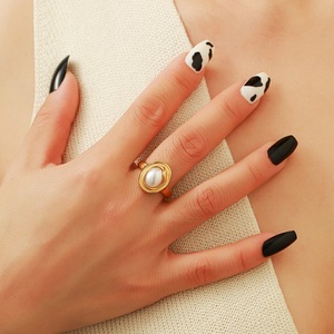 Stainless Steel <b>Titanium</b> <b>Ring</b> Imitation Pearl Geometric Design 18k Gold Plated Women's Fashion Jewelry Party Accessory - Product Image 4