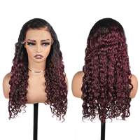 T1B/99J Wig tanpa lem keriting Burmese besar rambut manusia, Wig renda depan dengan ikal tebal & Ombre merah anggur cerah