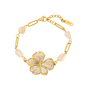 Bracciale in Acciaio Inossidabile <span class=keywords><strong>con</strong></span> Fiore e Perla Ovale, Placcato Oro 18K PVD, Chiusura a Moschettone, Anti-Appannamento, Gioielli Floreali Stile Cottagecore - Product Image 3