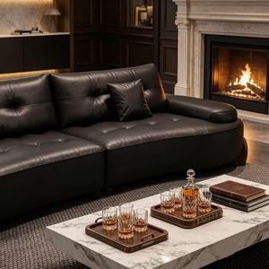 Premium Black Tufted Leather Curved <b>Sofa</b> With Walnut Wood Base For Living Room - Product Image 6
