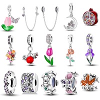 Perles en argent sterling S925 plaqué argent à thème végétal, motif tulipe iris, pour la fabrication de bijoux, pendentifs, bracelets et colliers