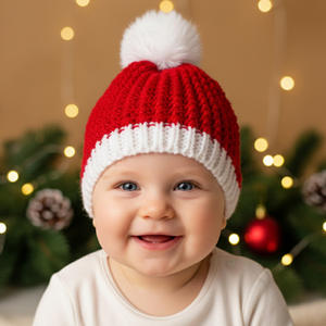 Gorro de punto de algodón navideño para niños pequeños, estilo cálido con patrón bordado, pompón bonito para Otoño e Invierno - Product Image 1