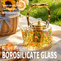 Théière en verre borosilicate à imprimé floral avec poignée dorée et infuseur en acier inoxydable 304 MH-11