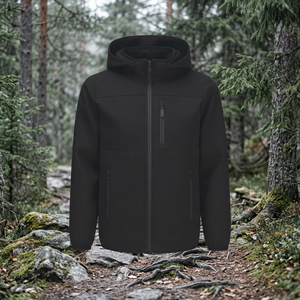 Men's <b>Hooded</b> <b>Fleece</b> <b>Jacket</b> Zipper Closure Windproof Casual Solid Black Autumn Wear Regular Fit Polyester Material - Product Image 1