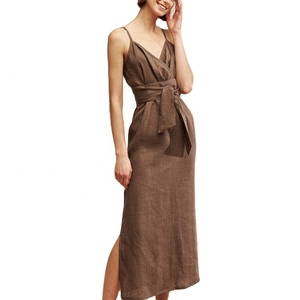 Tongrui 100% lin sans manches col en V licou réglable bandoulière femmes robes robe mi-longue robes décontractées femmes dames - Product Image 1