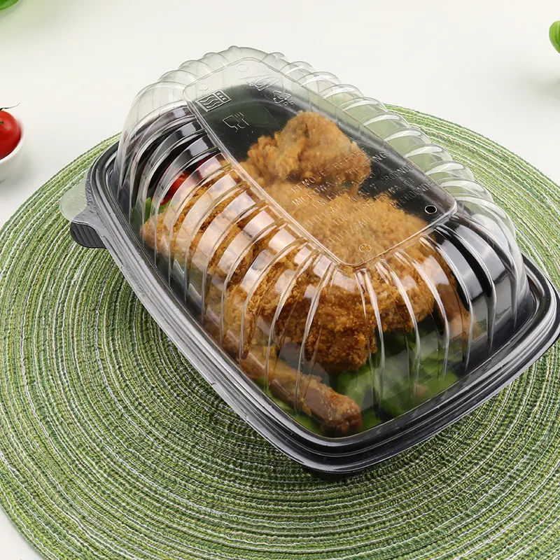 Tek kullanımlık mikrodalga türkiye kutusu plastik ambalaj şeffaf kapaklı kızartma tavuk türkiye konteyner siyah tepsi kutusu