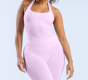 2 件套运动套装女式露背挂脖上衣高腰无缝高弹力短裤健身服运动服锻炼套装 - Product Image 6