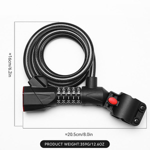 Yueli Portable Bicycle Lock With 5 Digit Combination Thickened Steel Cable And Detachable Taillight For <b>Cycling</b> Equipment - Product Image 5