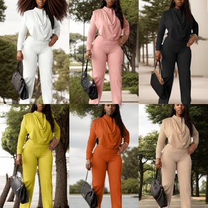 Conjunto de Pantalones y Top Corto de Dos Piezas en Color Sólido Informal de Última Moda Otoñal para Mujer - Product Image 2