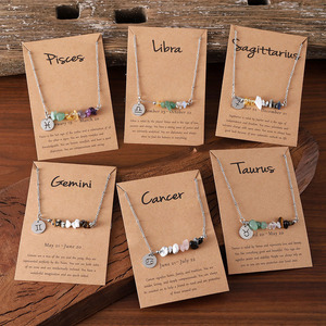 Collar Gargantilla Retro <span class=keywords><strong>de</strong></span> Acero Inoxidable con los 12 Signos del Zodiaco, con Tarjeta, Collar <span class=keywords><strong>de</strong></span> Horóscopo con Piedra Natural, Joyería para Regalo - Product Image 1