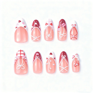 Faux ongles à presser pour femmes, motifs Saint-Valentin, nœud de ballet, cœur, à carreaux, style French Amande, dessinés à la <span class=keywords><strong>main</strong></span>, pour nail art et rendez-vous galants, vente en gros - Product Image 2